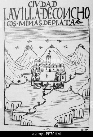 FELIPE HUAMAN POMA DE AYALA. CRONISTA INDIGENA DEL VIRREINATO DEL PERU.1534-1615. ILUSTRACION DE SU OBRA , ' NUEVA CRONICA Y BUEN GOBIERNO '. BIBLIOTECA DEL INSTITUTO DE COOPERACION IBEROAMERICANA. MADRID. LA VILLA DE CONCHOCOS , MINAS DE PLATA.