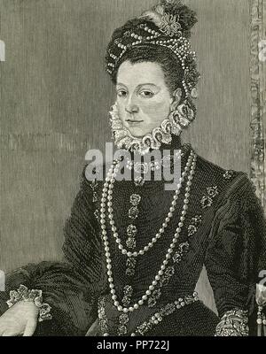 Elisabeth of Valois (1545-1568). Spanish queen consort. The eldest daughter of Henry II of France and Catherine de' Medici. Third wife of the king Philip II of Spain. Portrait. Engraving. Stock Photo