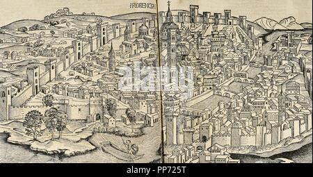 Italy. Florence in the 16th century and Arno river. Plan. Engraving. Stock Photo