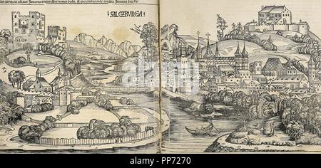 Austria. Salzburg in the 16th century and Salzach river. Plan. Engraving. Stock Photo