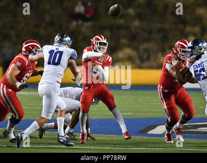 Santa Ana, CA. 21st Sep, 2018. Mater Dei Monarchs quarterback Bryce Young #9 passes in the second half of the Prep Football game Mater Dei High School vs. IMG Academy Ascenders, in Santa Ana, California.Photo © Louis Lopez /Modern Exposure/Cal Sport Media/Alamy Live News Stock Photo