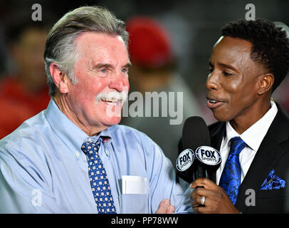 Santa Ana, CA. 21st Sep, 2018. Mater Dei Monarchs head coach Bruce Rollinson is interviewed after winning the Prep Football game Mater Dei High School vs. IMG Academy Ascenders, in Santa Ana, California.Photo © Louis Lopez /Modern Exposure/Cal Sport Media/Alamy Live News Stock Photo