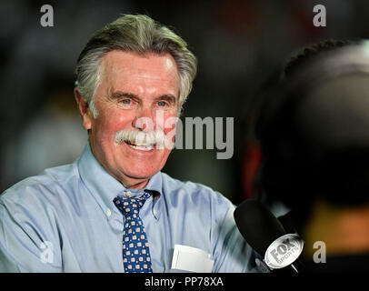 Santa Ana, CA. 21st Sep, 2018. Mater Dei Monarchs head coach Bruce Rollinson is interviewed after winning the Prep Football game Mater Dei High School vs. IMG Academy Ascenders, in Santa Ana, California.Photo © Louis Lopez /Modern Exposure/Cal Sport Media/Alamy Live News Stock Photo