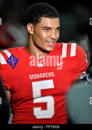 Santa Ana, CA. 21st Sep, 2018. Mater Dei Monarchs Bru Mccoy #5 is interviewed after winning the Prep Football game Mater Dei High School vs. IMG Academy Ascenders, in Santa Ana, California.Photo © Louis Lopez /Modern Exposure/Cal Sport Media/Alamy Live News Stock Photo