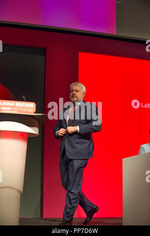 Liverpool, UK. 24th Sep 2018. Labour Party Annual Conference 2018, Albert Docks, Liverpool, England, UK. 24th. September, 2018. Carwyn Jones A.M., First Minster of Wales speaking on the Wales Report and his last at the Labour Party Annual Conference 2018. Alan Beastall/Alamy Live News Stock Photo