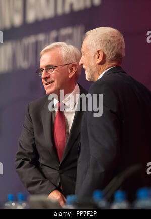 Labour Party Annual Conference 2018, Albert Docks, Liverpool, England, UK. 24th. September, 2018. John McDonnell M.P. Shadow Chancellor speaking on the Public Investment and Ownership at the Labour Party Annual Conference 2018. Alan Beastall/Alamy Live News Stock Photo