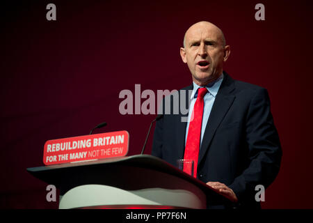 Liverpool, UK. 24th Sep, 2018. John Healey, Shadow Secretary of State for Housing, and Labour MP for Wentworth and Dearne, speaks at the Labour Party Conference in Liverpool. Credit: Russell Hart/Alamy Live News Stock Photo