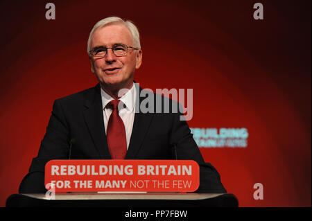 Liverpool, UK. 24th Sep, 2018. John McDonnell MP, Shadow Chancellor, delivering his keynote speech on the theme of Private Investment and Ownership, on the morning session of the second day of the Labour Party annual conference at the ACC Conference Centre. Credit: Kevin Hayes/Alamy Live News Stock Photo