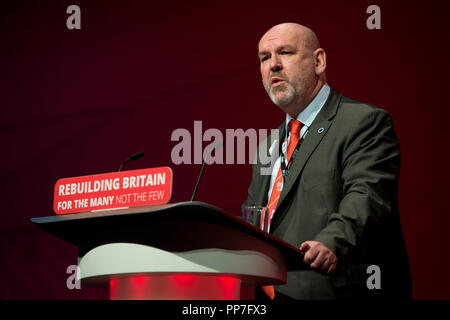 Liverpool, UK. 24th Sep, 2018. Mick Whelan, General Secretary of Aslef, speaks at the Labour Party Conference in Liverpool. Credit: Russell Hart/Alamy Live News Stock Photo