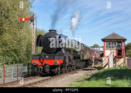 Peterborough, United Kingdom. 24th August 2018. Flying Scotsman, the world's most famous steam locomotive, arrives at Orton Mere Station on the Nene Valley Railway. The Sir Nigel Gresley designed locomotive will be hauling trains between Wansford and Peterborough Nene Valley stations at the line's sold out event this coming weekend. Credit: Andrew Plummer/Alamy Live News Stock Photo