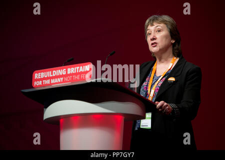 Liverpool, UK. 24th September 2018. Barbara Plant, President of the GMB Union, speaks at the Labour Party Conference in Liverpool. © Russell Hart/Alamy Live News. Stock Photo