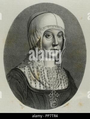 Isabella I of Castile (1451-1504). Queen of Castile. Engraving in Spain Illustrated History, 19th century. Stock Photo