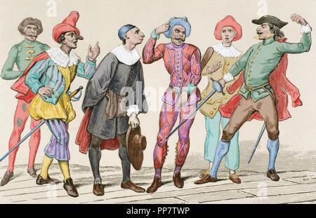 Commedia dell'arte Italian. 16th century. Engraving, 19th