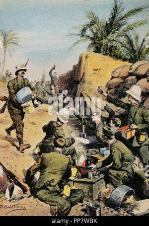 World War I (1914-1918). War of Libya. Campaign of Senussi (1915-1917). Italian and British troops fought against the Senussi tribe. First package arrived in Libya during Christmas. Engraving in La Domenica del Corriere, Italy. Stock Photo