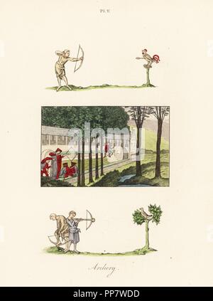 Archery practice with bow, 14th century (top), crossbow shooting at the butts at a school, 16th century (middle), and archers at crossbow practice, 14th century. Handcoloured lithograph by Joseph Strutt from his own Sports and Pastimes of the People of England, Chatto and Windus, London, 1876. Stock Photo