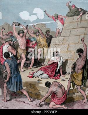 New Testament. Martydom of St. Stephen. Engraving. Bible Illustrations by Gustave Dore. 19th century. Colored. Stock Photo