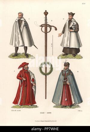 Ceremonial robes of knights of the Golden Fleece A, Order of the Garter B, Teutonic Knights C,D, and sword and wreath of Georg Hund von Wenkheim E. Chromolithograph from Hefner-Alteneck's Costumes, Artworks and Appliances from the Middle Ages to the 17th Century, Frankfurt, 1889. Illustration by Dr. Jakob Heinrich von Hefner-Alteneck, lithographed by C. Regnier. Dr. Hefner-Alteneck (1811-1903) was a German museum curator, archaeologist, art historian, illustrator and etcher. Stock Photo
