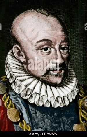 Michel de Montaigne (1533-1592). Philosopher of the French Renaissance. Portrait. Engraving. Colored. Stock Photo