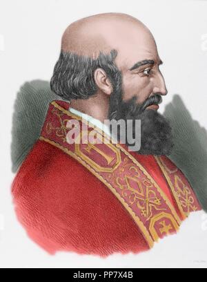 Pope Clement VIII (1536-1605). Born Ippolito Aldobrandini. Portrait. Engraving. Colored. Stock Photo