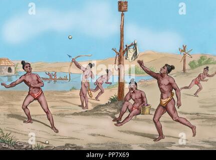 Native American men and boys playing a ball game similar to