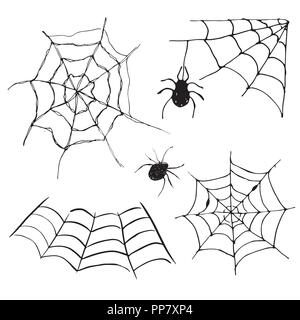 Spider web set Hand drawn sketched web vector illustration isolated on white background. Stock Vector