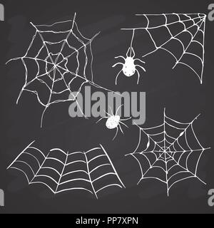 Spider web set Hand drawn sketched web vector illustration on chalkboard background. Stock Vector