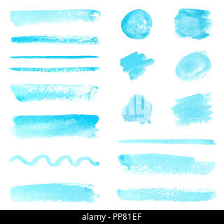 Set of Blue Watercolor Paint Strokes and Splashes. Isolated on White background Stock Photo