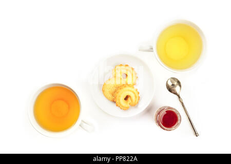 An overhead photo of tea on a white background with copy space Stock Photo