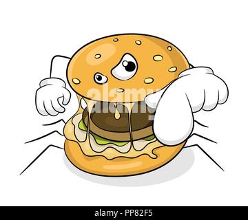 Fast food bad eating concept spider hamburger. Vector illustration. Stock Vector