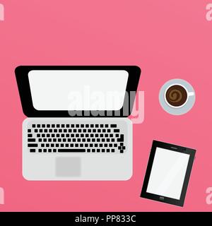 Laptop Vector. Flat icon illustration.Vector illustration. Laptop, tablet and coffee on a color background Stock Vector