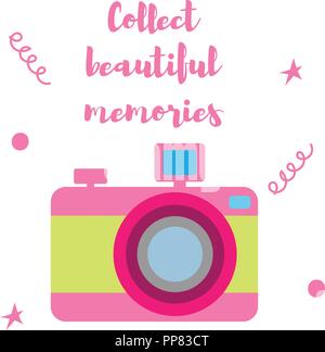 Vector illustration. The old-fashioned color camera. Flat style. Inscription collect beautiful moments on a white background Stock Vector