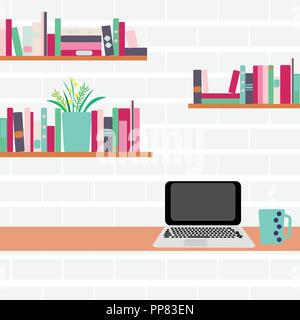 Vector illustration. Workplace. Computer and bookshelves on a brick wall Stock Vector