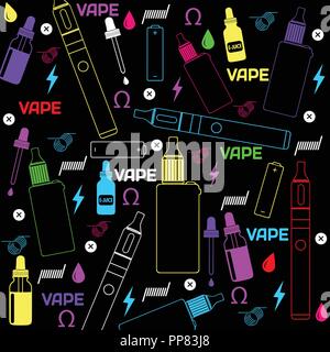 Vape shop or e-cigarette store colorful background texture on black background, vector illustration Stock Vector