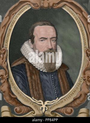 Johan van Oldenbarnevelt (1547Ð1619), Lord of Berkel en Rodenrijs (1600), Gunterstein (1611) and Bakkum (1613). Dutch statesman who played an important role in the Dutch struggle for independence from Spain. Portrait. Engraving. Colored. Stock Photo