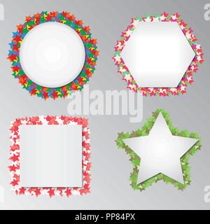 Set of templates of different geometric shapes surrounded by many of stars. Stock Vector