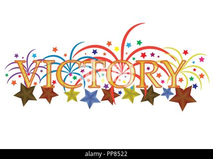 Vector illustration with the word victory, fireworks and stars. Stock Vector