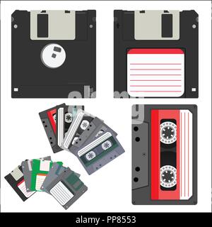 Vector illustration of vintage audio tapes and diskettes. Stock Vector