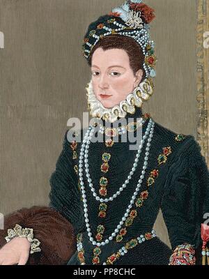 Elisabeth of Valois (1545-1568). Spanish queen consort. The eldest daughter of Henry II of France and Catherine de' Medici. Third wife of the king Philip II of Spain. Portrait. Engraving. Colored. Stock Photo