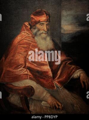 Titian (1489/1490-1576). Italian painter. Pope Paul III with the camuro, 1545-1546. Farnese Collection. National Museum of Capodimonte. Naples. Italy. Stock Photo