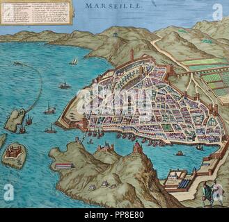 France. Marseille in 16th century. Map. Engraving in 'Theatre des principalles villes de tout le monde' by Georges Brun de Cologne, 1573. Colored. Stock Photo