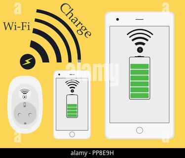 Wireless wifi phone and tablet charging. Innovative technologies. Socket charger from a distance without wires. Vector illustration. Smart connection. Stock Vector