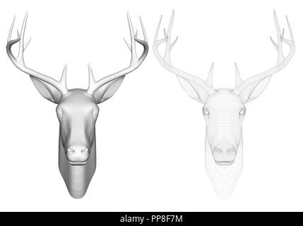 Vector illustration of a head of roe deer, front view. Two heads of deer with polygonal and reticulated 3D. Stock Vector