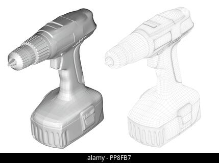 Vector illustration of a screwdriver, isometric view. Two versions of the screwdriver: polygonal and mesh 3D. Stock Vector