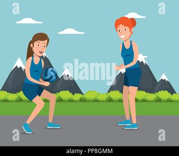 couple girls athletes practicing volleyball Stock Vector