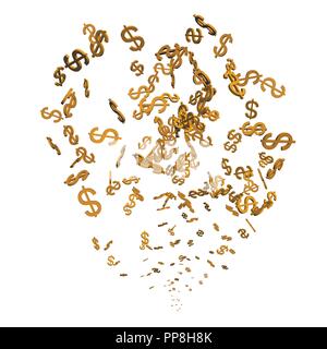 A stream consisting of dollars. Confetti. The size of the dollar sign increases from the source. Growth of the dollar. 3D. Vector illustration. Stock Vector