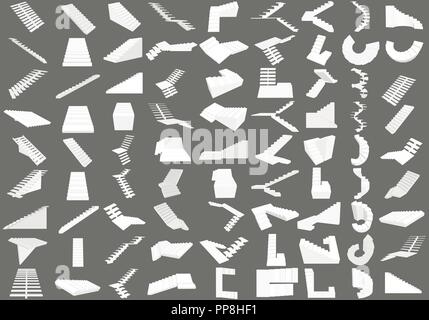 The largest set with stairs. Various types of stairs. Isolated vector 3d stairs. Realistic template blank staircase. Stock Vector