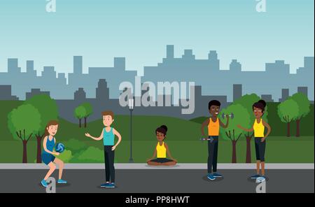 group of athletes practicing sports on the park Stock Vector