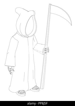 Death with a scythe and in a hood. Outline of death on a white background. Isolated pattern with death with a scythe, dressed in a raincoat with a hoo Stock Vector