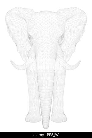 Polygonal 3D elephant. View of an elephant from the front. The mesh cover of the elephant is black and white. Vector illustration. Stock Vector