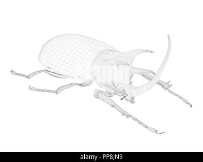 Polygonal Beetle 3D. Background with a beetle with a mesh coating. Black and white beetle. Background with isolated insect. Vector illustration. Stock Vector